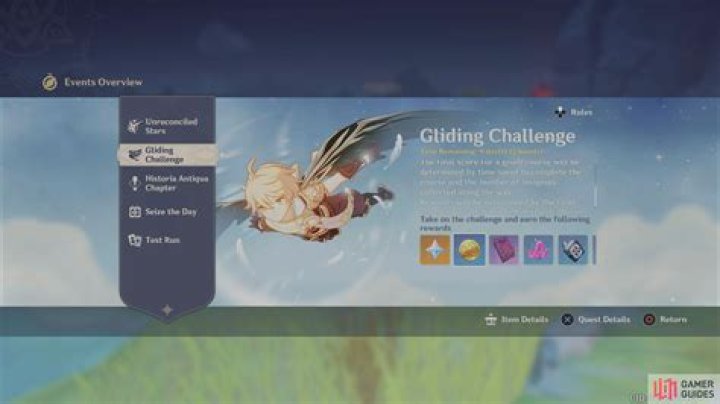 Gliding Challenge menu in Genshin Impact