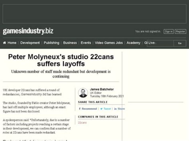 Peter Molyneux's 22Cans hit with layoffs