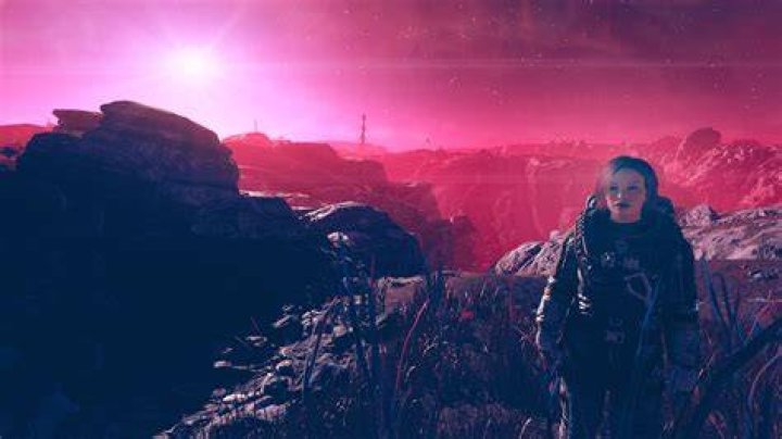 Starfield: the player stood on a planet looking out into sky above.