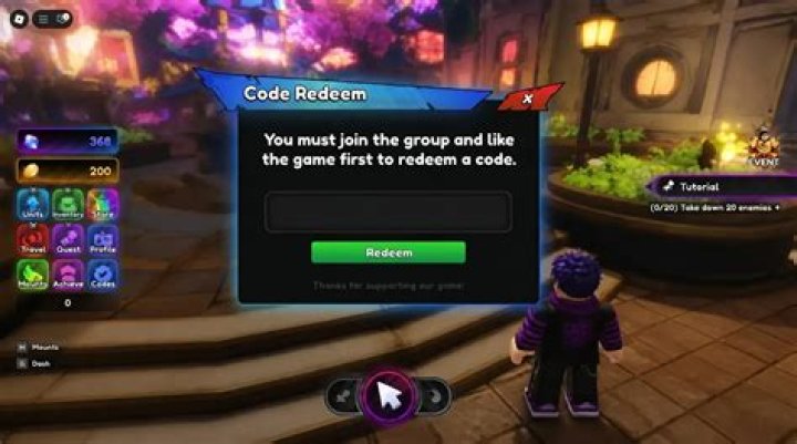 The code redemption box is visible. It has a blue, black, and red color scheme against a navy background. In the backgroud, is a row of text that reads, "Lobby, Locker, Battlepass, Item Shop, Store, Stats, Rewards." The code box reads, "Codes, Close, Join our group for updates and codes! Thanks for playing! Confirm code"