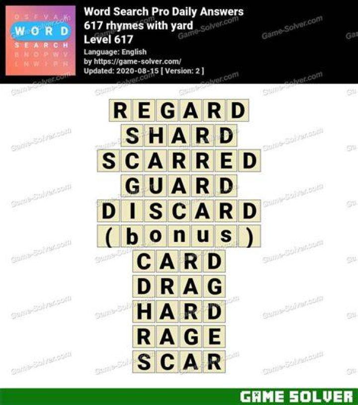 Word Search Pro 617 rhymes with yard Answers