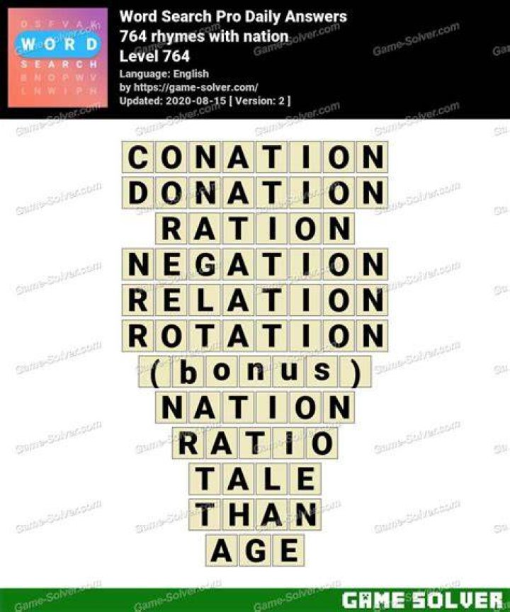 Word Search Pro 764 rhymes with nation Answers Word Search Pro 764 rhymes with nation Answers